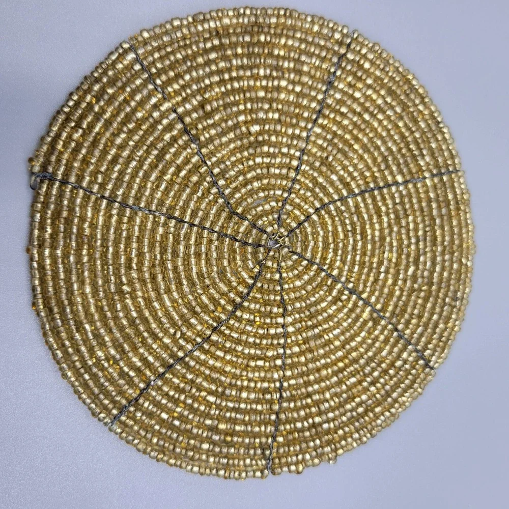 4 Piece Decorative Coaster Set Boho Glass Beads Art Gold Tone Table Decor 4